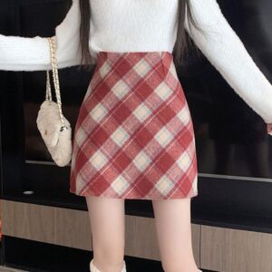 Red & Grey Checked Pencil Skirt