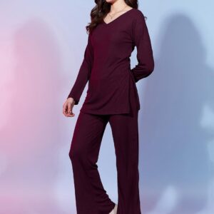 Burgundy Ribbed V-Neck Top With Trousers